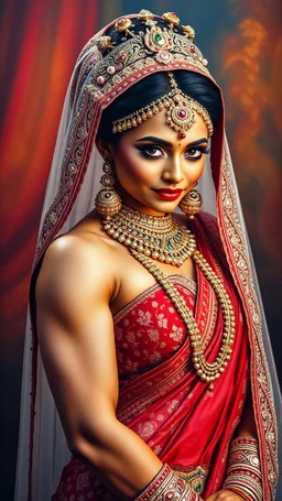 An opulently toned Indian bodybuilding bride, every muscle sharply defined under intricate bridal attire. The elaborate bridal makeup enhances her features, bringing out a radiance that captivates. Whether in a photograph or painting, the image exudes elegance and strength. Her vibrant attire and meticulously styled hair add to the overall impression of beauty and power, making this image a stunning example of exceptional craftsmanship and artistry.