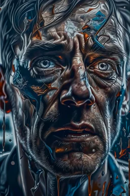 Man face, pain, irony, surrealism, hyper realistic, painting, 8k , chaos