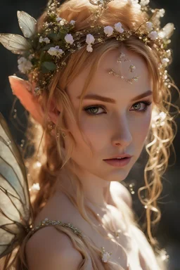 Pointed elven ears,Blonde hair ,Pink dress,Sparkling fairy wings,Very long golden hair,Fairy crown,pointed ears,elven ears,fairy wings,water lilies,sparkling,glittering,flowers,blossoms,golden crown,light pink dress