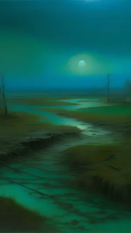 A bluish-green toxic wasteland painted by Birge Harrison