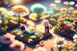 top view of a miniature flower farm scene with cute chibi anime gardener cats tending to the flower fields S<AI in sunshine, photorealistic, 3D, ethereal, cinematic postprocessing, bokeh, dof