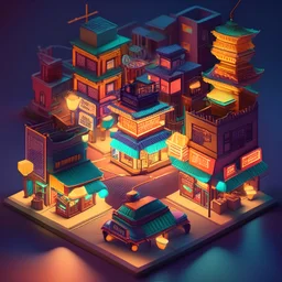 cute isometric china town, cutaway box, traditional, night lights, neon sign, hanging lanterns, electric posts with lamps, old taxis. highly detailed, made with blender, promotional brochure