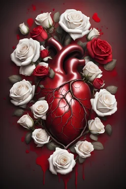 red human heart with white roses with blood in the background