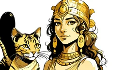 Illustrate a girl with a cat-like face and Cleopatra-style attire against a white background, using a Paleolithic art style.