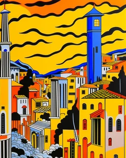 Orange colored towers in a Greek town in a lightning storm designed in Medieval tapestry painted by Roy Lichtenstein