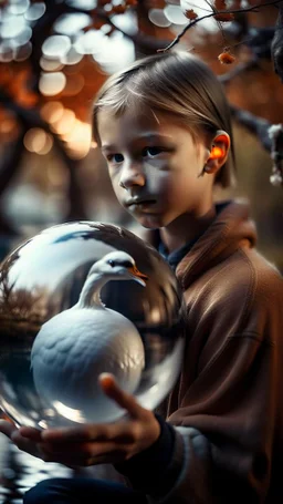 boy with swan wings in a tree in a Crystal ball with Halloween landscape inside, shot on Hasselblad h6d-400c, zeiss prime lens, bokeh like f/0.8, tilt-shift lens 8k, high detail, smooth render, down-light, unreal engine, prize winning