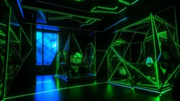 Una habitación oscura con formas y estructuras geométricas de color verde y azul brillante, creando una atmósfera abstracta y futurista donde habitan algunas extrañas criaturas.