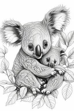 outline art with pencil sketch art for { A sleepy koala joey nestled in its mother's pouch, eucalyptus leaves forming a leafy canopy overhead}with floral background pencil sketch style,full body only use outline with black and white outline and make a floral backgound with black and white background