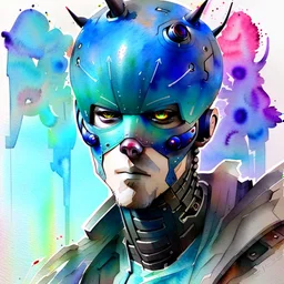 Male cypebpunk character connected to AI exploring other AI - Watercolour and Watercolour Painted Style - Jenny Rainey Style