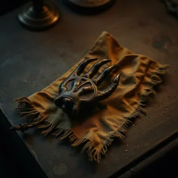 arcane, unsettling dread. withered monkey paw charm talisman laying on an unwrapped oily cloth on a old dusty desk, dull colors exacerbating an atmospheric gloom. gnarly, dark negative space,