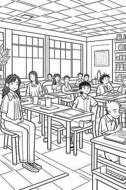 outline art for real A cheerful classroom scene with students and a teacher Coloring page, manga style, cartoon style, cute face, white background sketch style, full body is a must, only use outline, clean line art, no shadow, bold outlineMasterpiece, Ominous, Golden Ratio, Highly Detailed, photo, poster, fashion, illustration