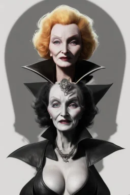 Marlene Dietrich as evil queen in black leather, leather, busty, cleavage, angry, stern look. character design by cory loftis, fenghua zhong, ryohei hase, ismail inceoglu and ruan jia. unreal engine 5, artistic lighting, highly detailed, photorealistic, fantasy