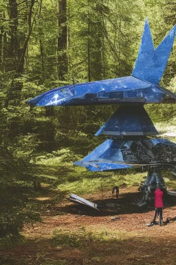 spaceship in a woodland clearing, next to a lake, with a woman kneeling under it, repairing it, blue sky