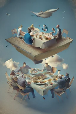 Flying table with people sitting there eating their dinner