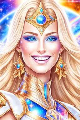 cosmic woman smile,galactic fédération, admiral from the future, one fine whole face, crystalline skin, expressive blue eyes,rainbow, smiling lips, very nice smile, costume pleiadian, Beautiful tall woman pleiadian Galactic commander, ship, perfect datailed golden galactic suit, high rank, long blond hair, hand whit five perfect detailed finger, amazing big blue eyes, smilling mouth, high drfinition lips, cosmic happiness, bright colors, blue, pink, gold, jewels, realist, high,rainbow commander,