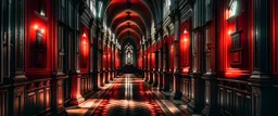 I want a picture of a scary corridor in a huge church with a little red lighting, high quality, width 1920 and height 1080.