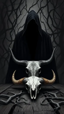 A hooded black shadow creature with no face in the background of black vein, human veins, mixing together a lot of them, like a forest, big and small veins a lot of them, a skull of bull sitting on an old broken table