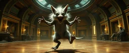 fluffy mean wolf alien gremlin badger star ship bridge captain dancing in a big hall in the style of Rembrandt and Escher and Dali