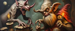 master oil painting with some air brush, hyena gnome goblin kobold realistic and creepy, straight from the lich lab, in the style of Escher and Titian