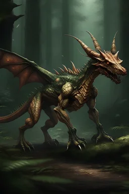 Create a realistic image of this image as a Boxer dog dragon with four legs the size of a hummingbird in a forest.