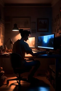 /imagine prompt:Random movie stills from Disney 3d animation, back views. Cut to the computer screen, showcasing the young man intensely working on a digital project. The room is furnished and dark.