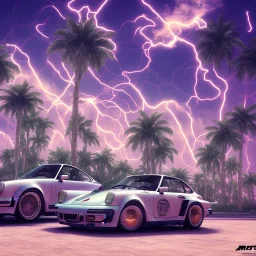 1980's aesthetic vaporwave palm trees and spheres and Porsche with lightning