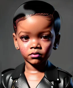 Rihanna toddler, full body, leather jacket, soft skin, dramatic lighting, hyper realistic