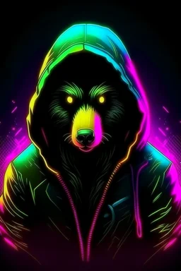 neon background cyber punk hacker honey badger wearing a black hoodie