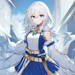 Clear focus, High resolution, rough line sketch art, short fluffy white hair, hair between eyes, fluffy hair, blue eyes, wearing a sleeveless shirt, wearing a a pleated skirt , detailed outfit, lots of details, bow on belt, white belt, white and blue everywhere on outfit, cut sleeve, yellow chains around outfit, concept art