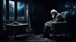 Melancholy theme picture. sometimes human stop at night and stares out into the cold space, and something hurts the heart, something big thing miss. old man sitting in old armchair at home and looks into nothingness, melancholic mood, meaning of life, nebula, detailed, gloomy, and surreal vibe. dark colors, cinematic
