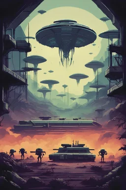 retro 2D game, commercial poster, aliens invasions, abandoned military base,1980 style