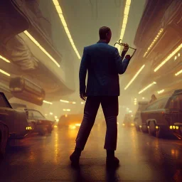 man playing saxophone, blade runner, kiefer sutherland, sebastian vettel, low key lighting, volumetric light, digital art, highly detailed, fine detail, intricate, ornate, complex, octane render, unreal engine, photorealistic