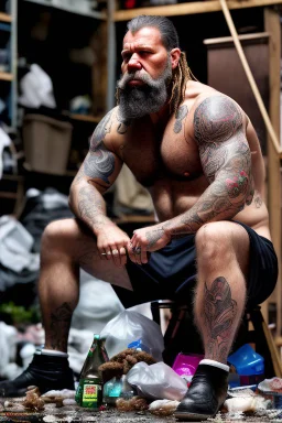 full figure shot frontal photography of a 40 year old dirty burly beefy gipsy carpenter wet sweat , tattoo, bullneck, long curly white beard , dreadlocks, manly chest, short white boxer, bulge, under the sun, sitting in the garbage outside an abandoned warehouse, misery and poverty, open legs, photorealistic, look at camera, very detailed , view from the ground , ambient occlusion