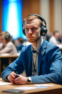 A simultaneous translator of Slavic appearance sits at a table with headphones on at a briefing and translates, in a large hall, there are a lot of people around, the background is blurred, everything is in pastel light colors