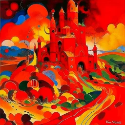 A red volcanic castle in a fiery realm painted by Wassily Kandinsky