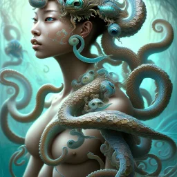 Sango fantasy, fantasy magic, intricate, sharp focus, illustration, highly detailed, digital painting, concept art, matte, art germ and Paul Lewin and Kehinde Wiley, masterpiece Japanese dancer head bronze octopus' Asian African girl nice breast Thai hair turquoise silver blue under water