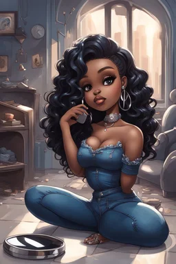 Create a futurism magna art of a black chibi curvy female sitting on the floor looking at herself in a hand mirror. She is wearing tight blue jeans and a black off the shoulder blouse. Prominent make up with lush lashes. Highly detailed long wavy hair. She is also wearing silver large hoop earringsart of a black chibi curvy female sitting on the floor looking at her cell phone. She is wearing tight blue jeans and a black off the shoulder blouse. Prominent make up with lush lashes.