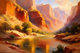 Beautiful scene in the style "Under The Red Wall Grand Canyon Of Arizona" by Thomas Moran, vibrant colours, realistic, professional award winning oil on canvas, very detailed,