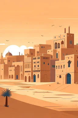 Create a vivid and atmospheric illustration of a cityscape set in a desert environment along the banks of the Nile River. Emphasize the dusty and sandy streets that are devoid of pavement, featuring predominantly soil roads. Illustrate simple brick-based buildings with minimalistic facades, resembling boxes, and portray them against a backdrop of people who are notably smiley. Capture the city's unique atmosphere by incorporating frequent smoke in the air, indicative of a city where people smoke