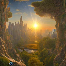 An incredibly peaceful detailed landscape, primordial nature, sun, by Max Ernst, Giotto, bas-relief, detailed, high resolution, volumetric light, 8k, 3d, cinematic