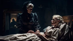 cinematic photograph set in a dimly lit, old-fashioned little village room. An elderly midwife dressed in a vintage black dress and black European headscarves stands beside an old wooden bed, her gaze focused on a young blonde woman lying down. The young woman wears a linen dress, her face hidden by the shadows cast by the sparse lighting and her long hair. The atmosphere is sinister, tense and dramatic, with a sense of impending danger and high detail, creating a realistic and sharp focus