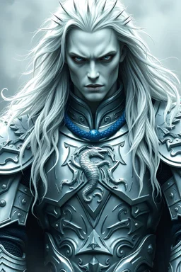 Scary knight with long white hair with icy fog and silvery white eyes and pail skin wearing silver armor with a blue pendentand and a silver dragon on the center of it on his chest