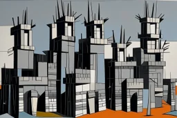 A gray fortress with spikes painted by Stuart Davis