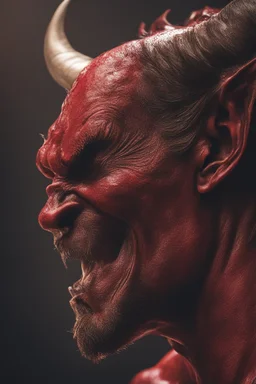 a very close up side profile image of a devil, smiling,8k quality, supper realistic