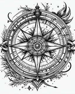 realistic Compass tattoo idea, line art, background, vector, svg, black outline on white background, leave plenty of white space beetween lines for coloring, tattoo style, tattoo idea,full body