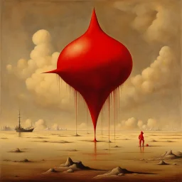 Odd open space, metaphysical, giant red object, very detailed, person, Yves Tanguy