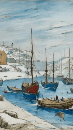 A blue winter fjord with wrecked ships designed in Heidrun manuscripts painted by Maurice Utrillo