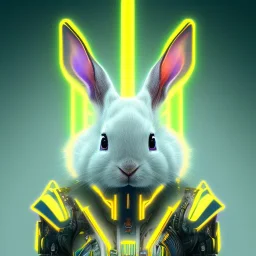 A beautiful portrait of a cyborg rabbit yellow neon color scheme, high key lighting, volumetric light high details psychedelic background