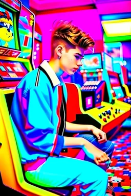 a millineal teenage boy is playing video arcade games, bright colored clothes from the 90s, hairstyles of that time