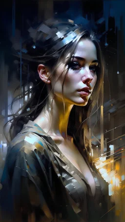 A stunningly elegant woman stands amidst a torrential downpour, captured in breathtaking artwork by renowned artists Abdel Hadi Al Gazzar, Abed Abdi, Greg Rutowski, WLOP, Alphonse Mucha, and Russ Mills. This mesmerizing image portrays the woman's natural beauty amidst the rain, her wet hair clinging gracefully to her face. The artistic medium, whether a painting, photograph, or other artistic creation, brings the scene to life in vivid detail. The image's impeccable quality showcases the impecca